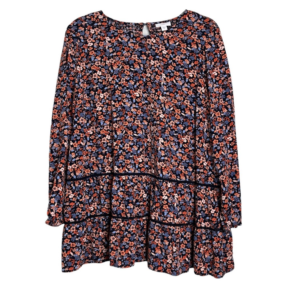 J. Jill Floral Tiered Smocked Back Long Sleeve Blouse Top Size Medium